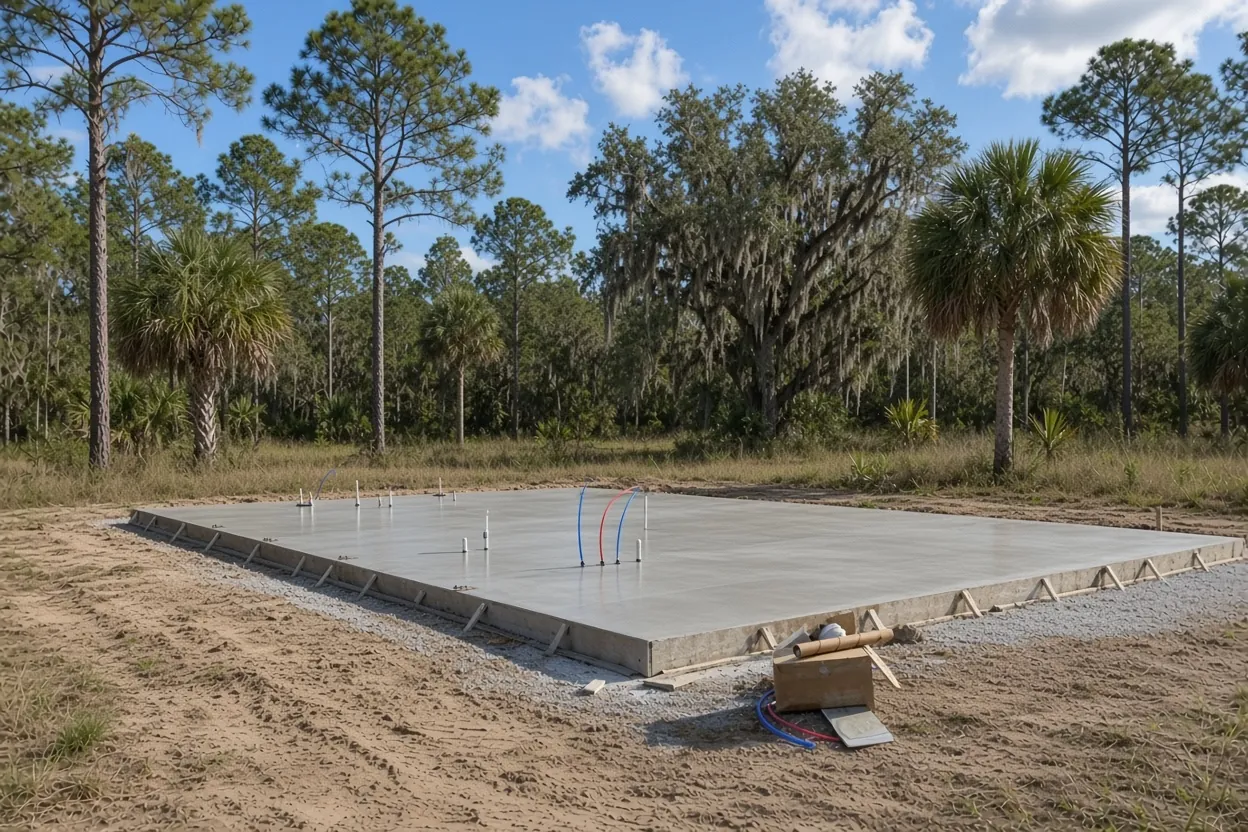 Monolithic barndominium foundation with plumbing stubs on a raised sand pad in Wahneta, Florida
