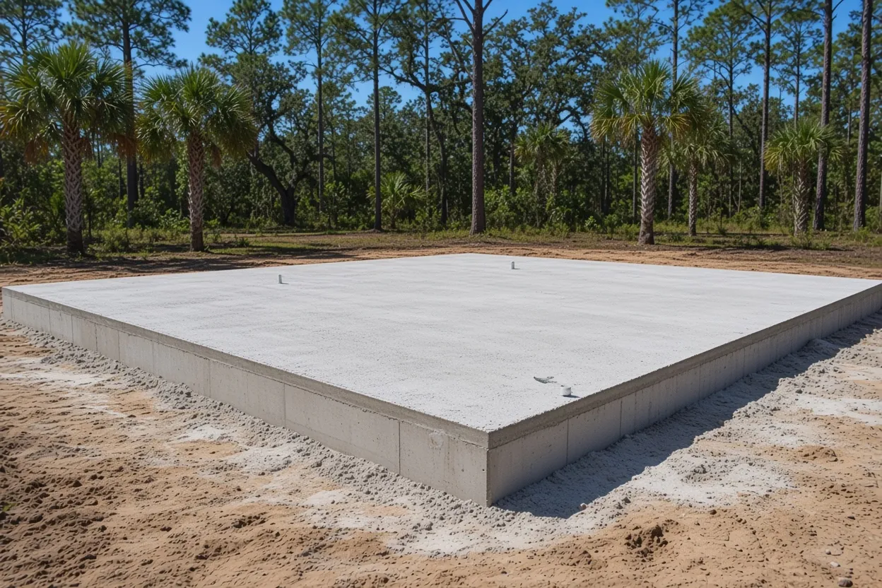 Monolithic barndominium foundation with thickened edges on a cleared lot near Dundee, Polk County