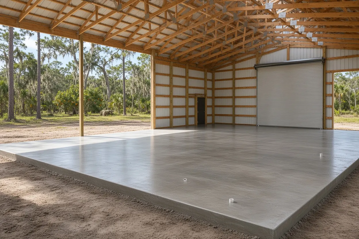 Monolithic barndominium foundation with thickened edges on a Lake Alfred lot in Polk County