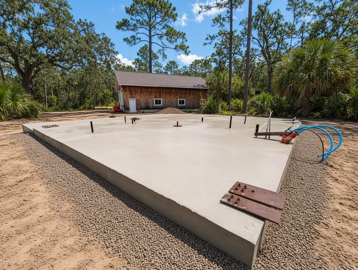 Monolithic barndominium foundation with thickened edges on an Auburndale lot in Polk County