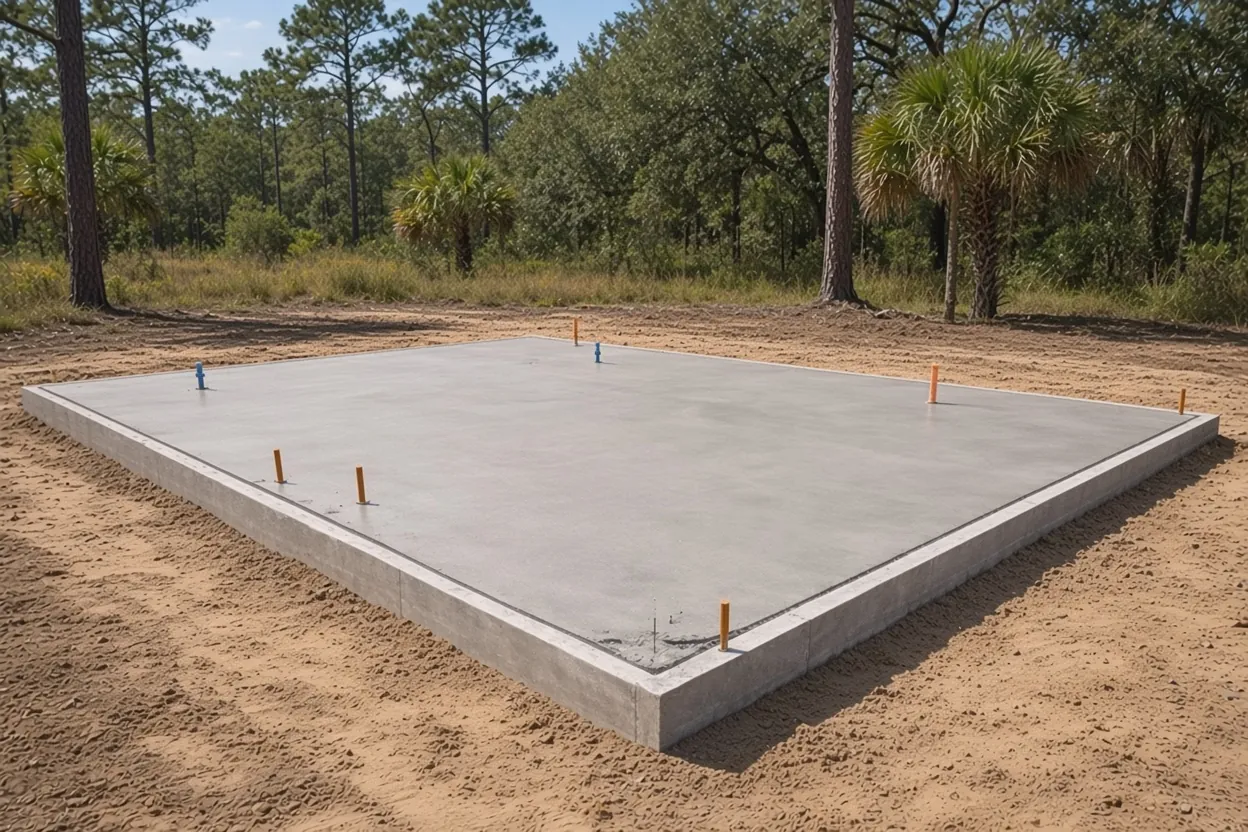 Monolithic barndominium slab with thickened edges and plumbing stubs near Davenport, Polk County