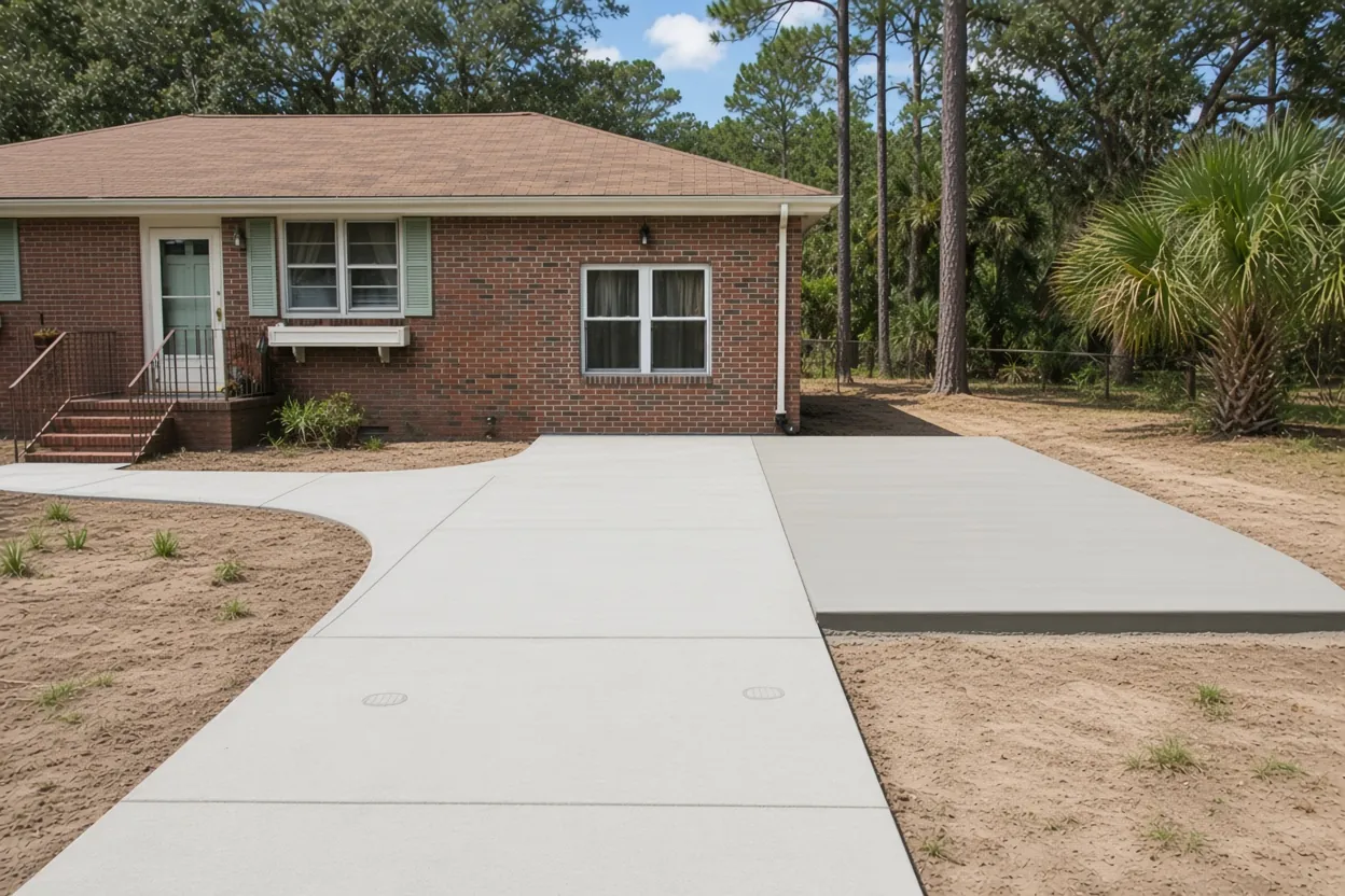 New detached garage concrete slab with thickened edge and apron beside a home in Polk County