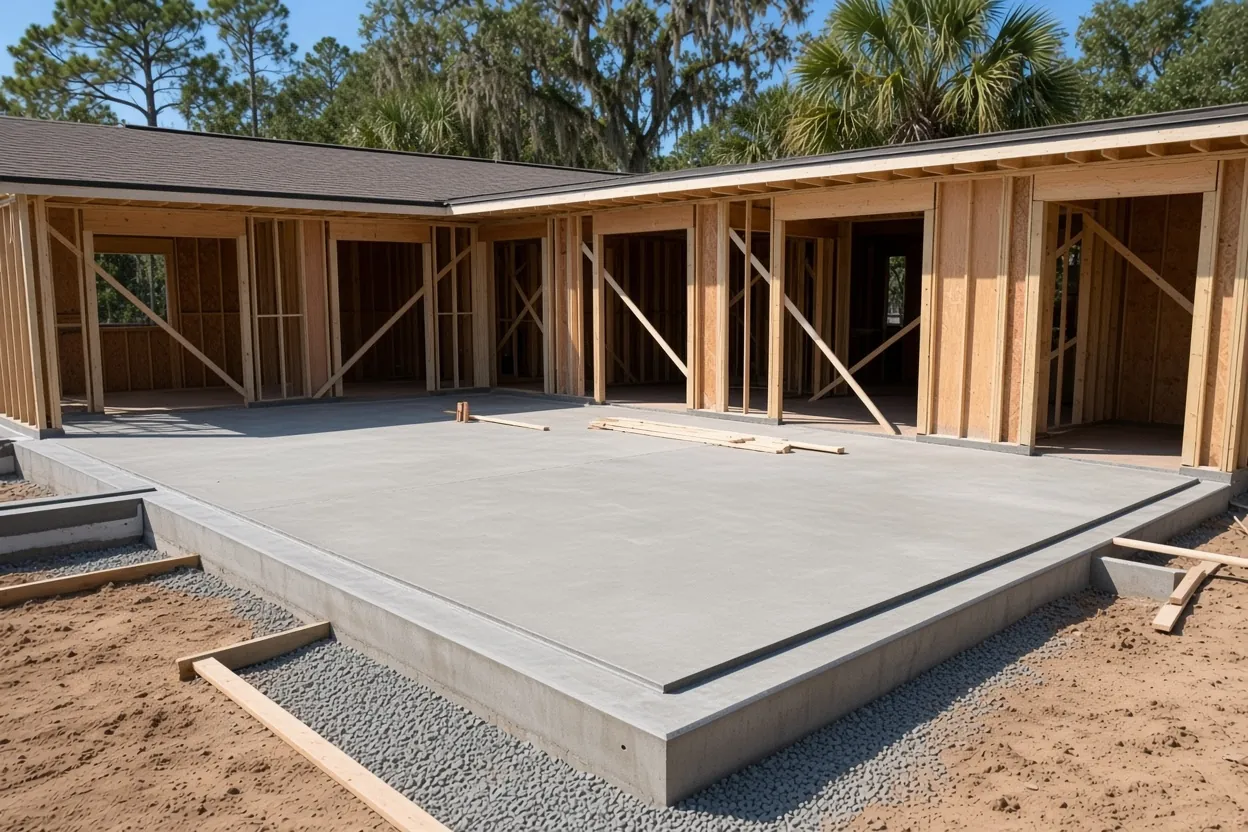 New detached garage slab with apron beside a home in Highland City, Polk County