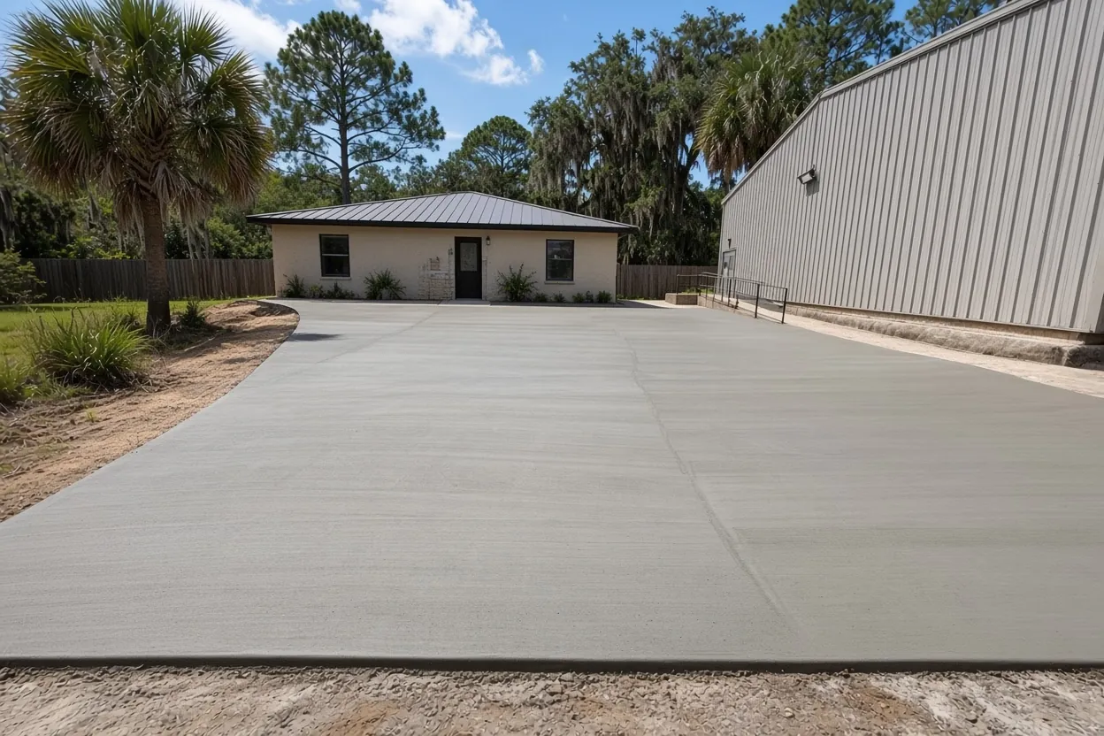New detached garage slab with thickened edges behind a house in Cypress Gardens, Polk County