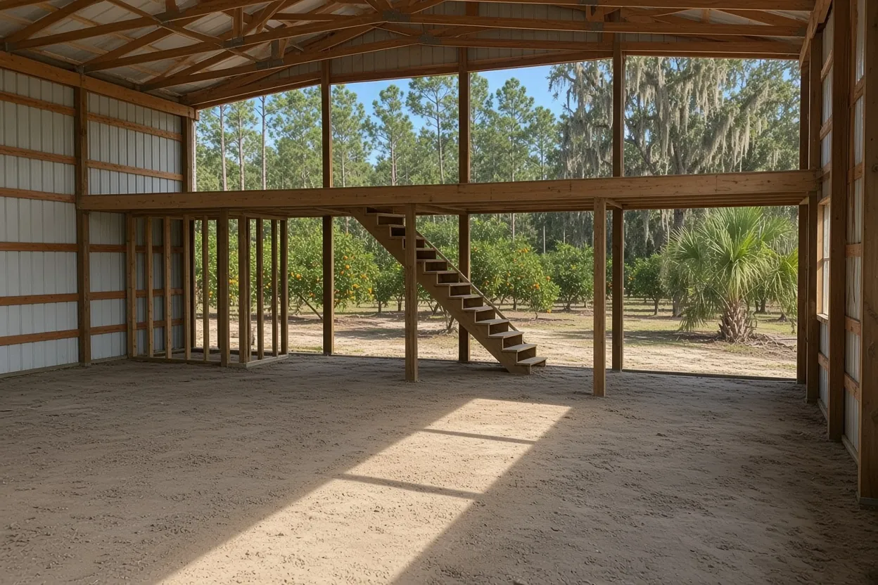 Open pole barn with a loft stair and a graded sand floor ready for a slab beside a Lake Alfred citrus grove