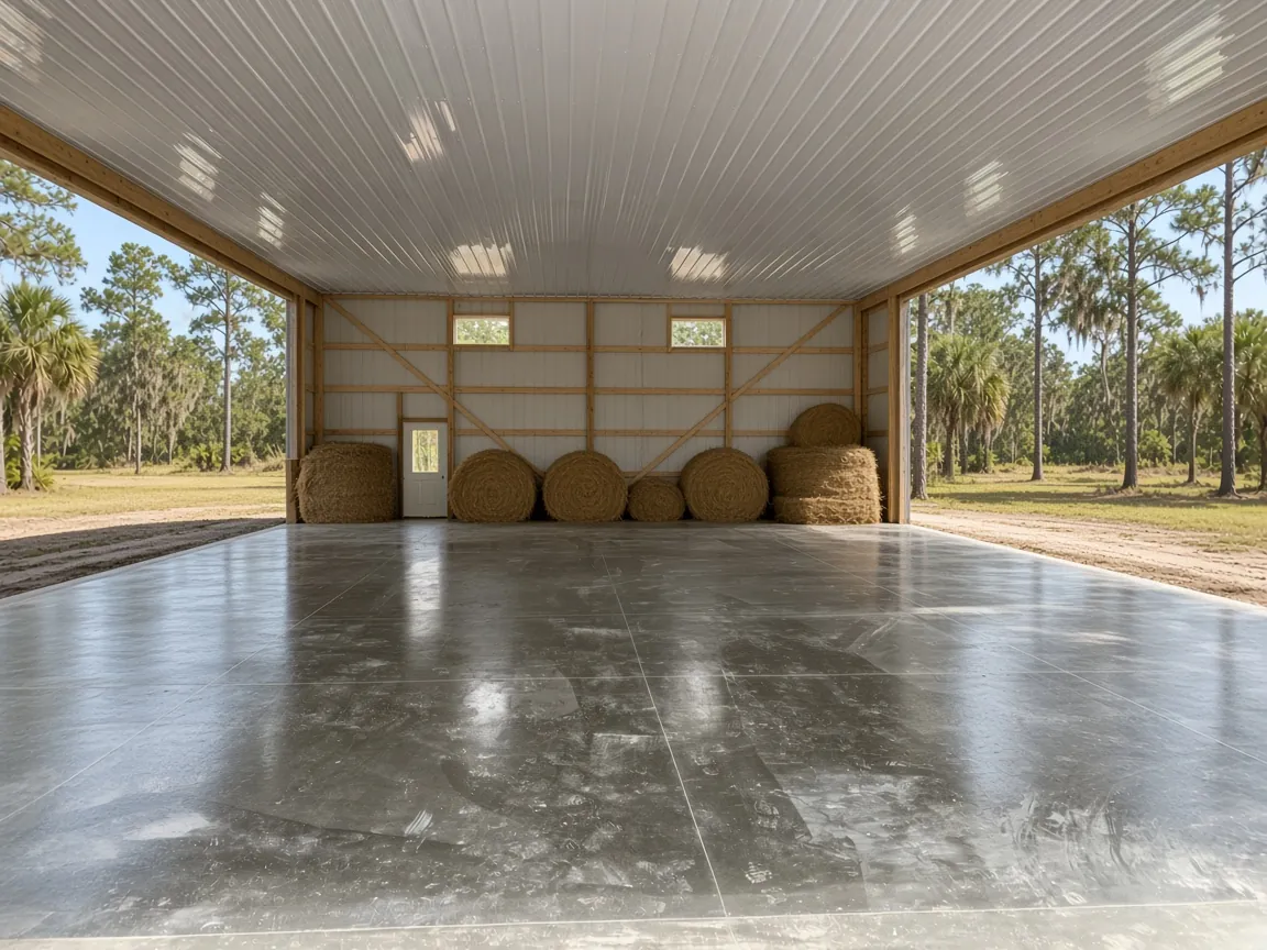 Open-sided hay barn on a concrete slab beside pasture on a Polk County cattle farm