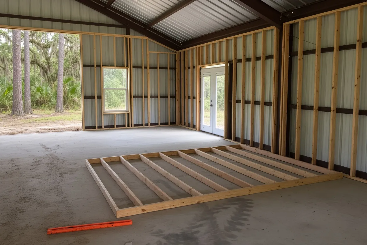 Poly vapor sheet and steel laid over treated soil before an Auburndale barndominium pour