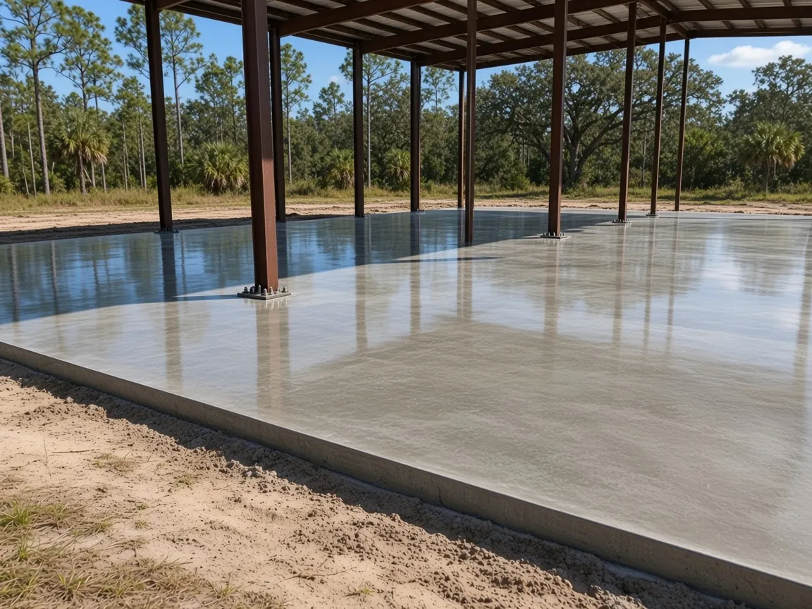 Raised metal building foundation with anchor bolts on a Davenport Florida lot