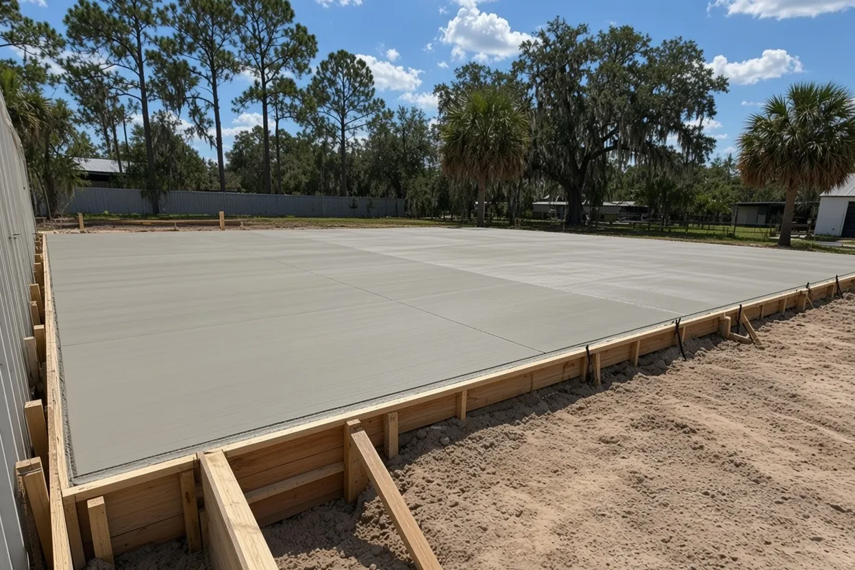 Reinforced concrete RV pad edge with saw-cut joints near Haines City, Polk County