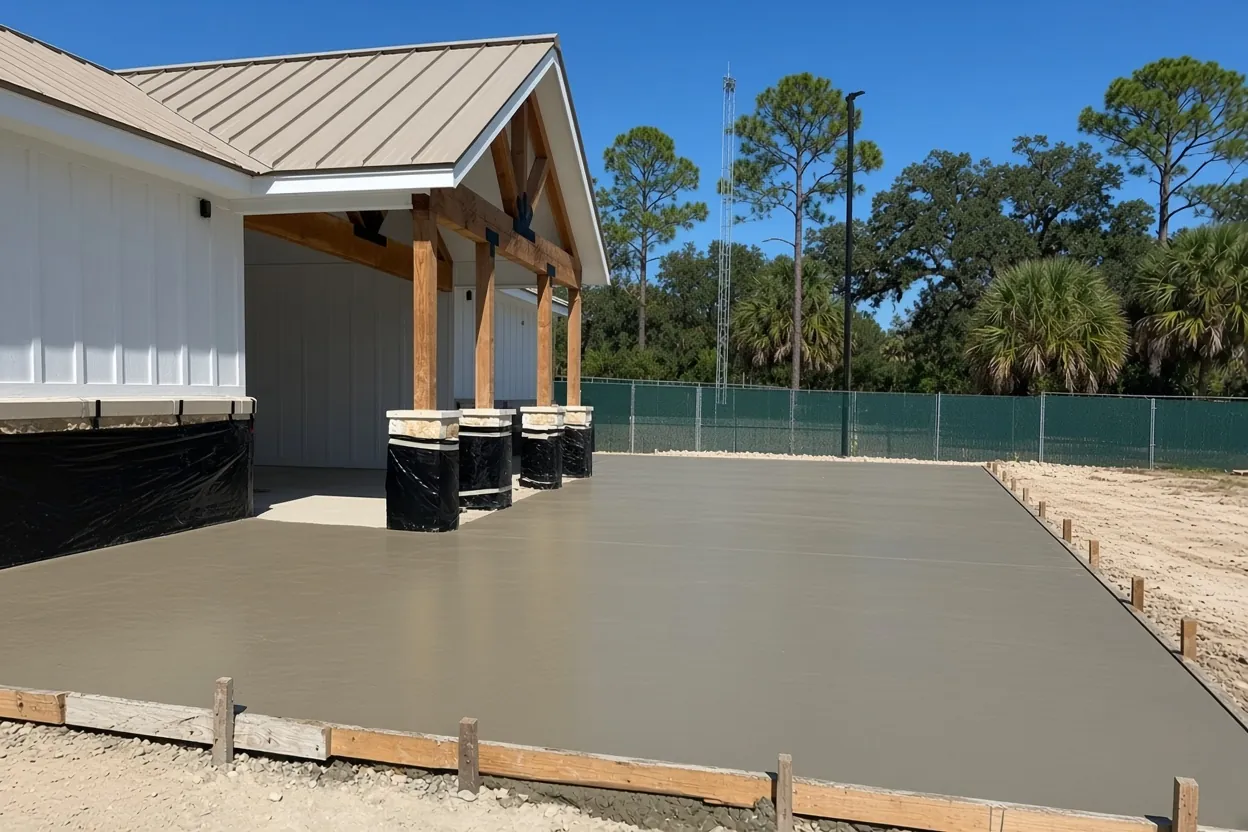 Reinforcing bar in thickened-edge footing trenches before a house slab pour in Haines City, Polk County