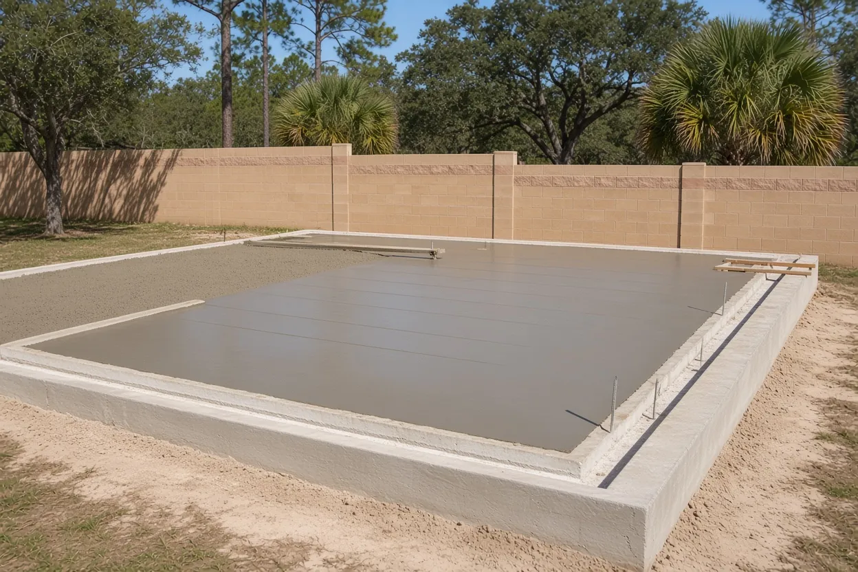 Shed slab on the house side of a lakefront lot in Cypress Gardens, Florida