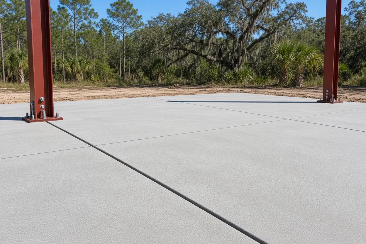 Steel building frame columns bolted to a new concrete foundation in Dundee, Florida