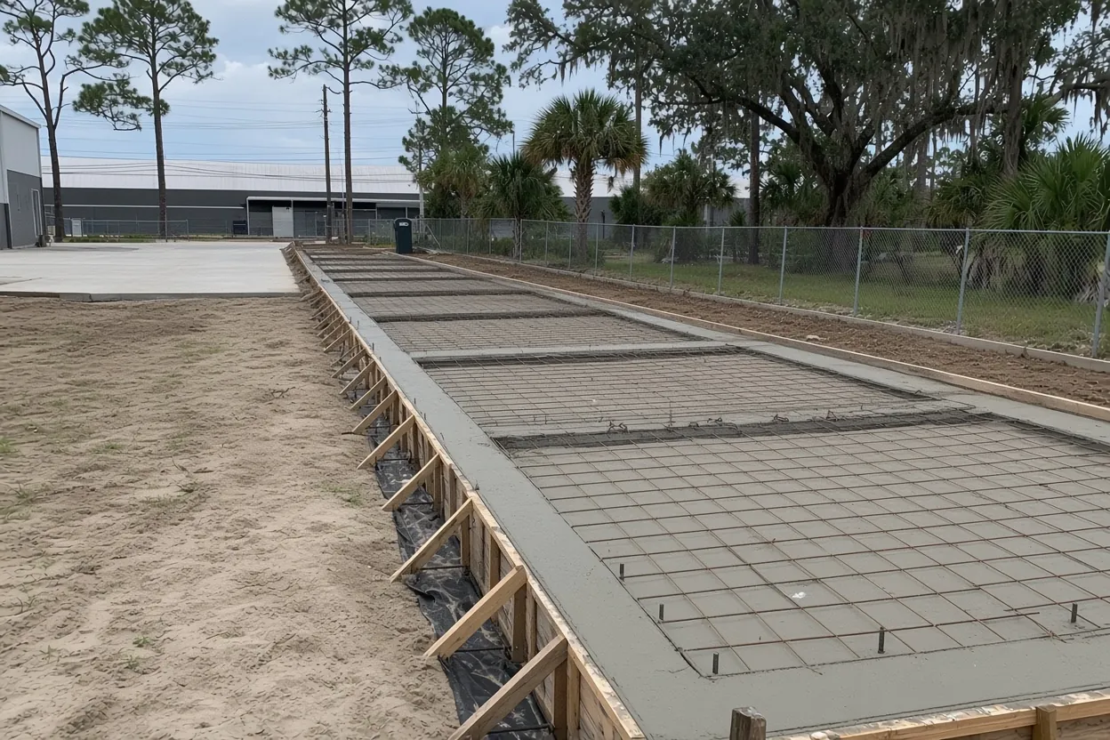 Steel building frame rising beside a freshly poured concrete slab in Polk County, Florida