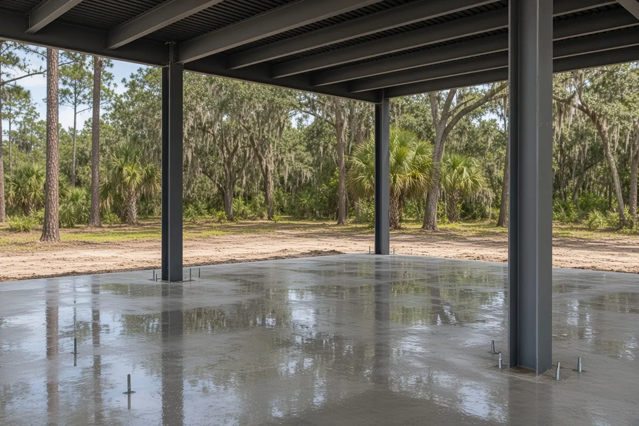 Steel canopy columns standing on a freshly poured concrete slab on a wooded Haines City lot
