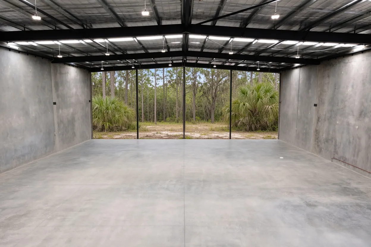 Vapor retarder and wire reinforcement on a sandy pad for a steel building slab in Haines City