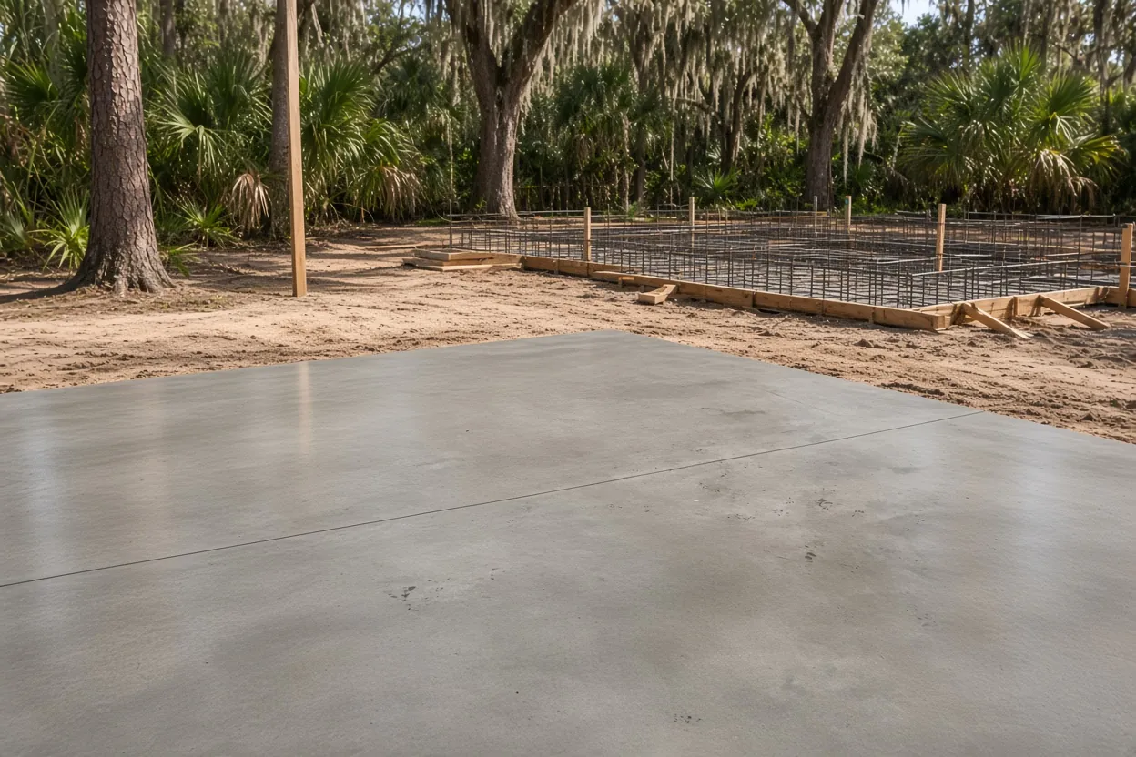 Wood template holding anchor bolts in position over wet concrete for a steel building in Winter Haven